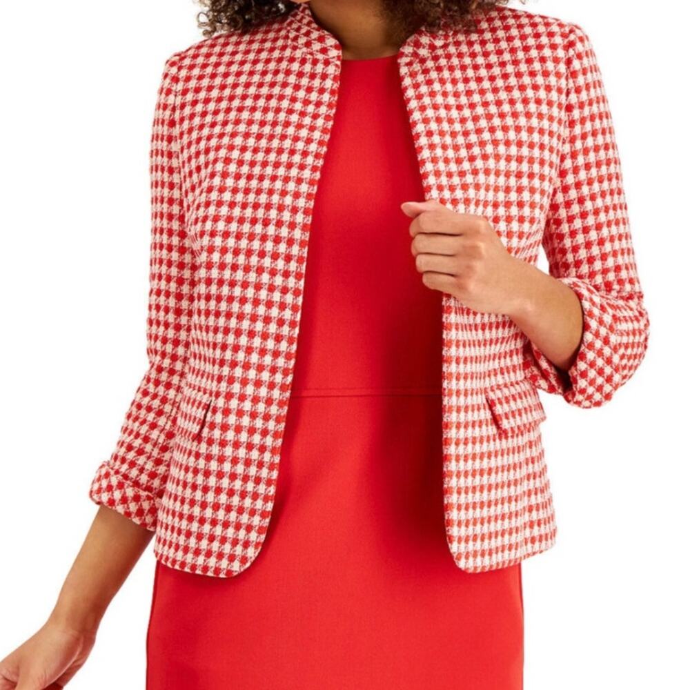 Ann Klein Tweed Houndstooth Open-Front Women Jacket Red/White Size 14 NWT $159